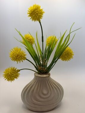 Yellow Pom-Pom Faux Floral Arrangement in Cream Ceramic Vase